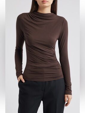 Rails Joelle Ruched Funnel Neck Top Brown Long Sleeve Small NWOT